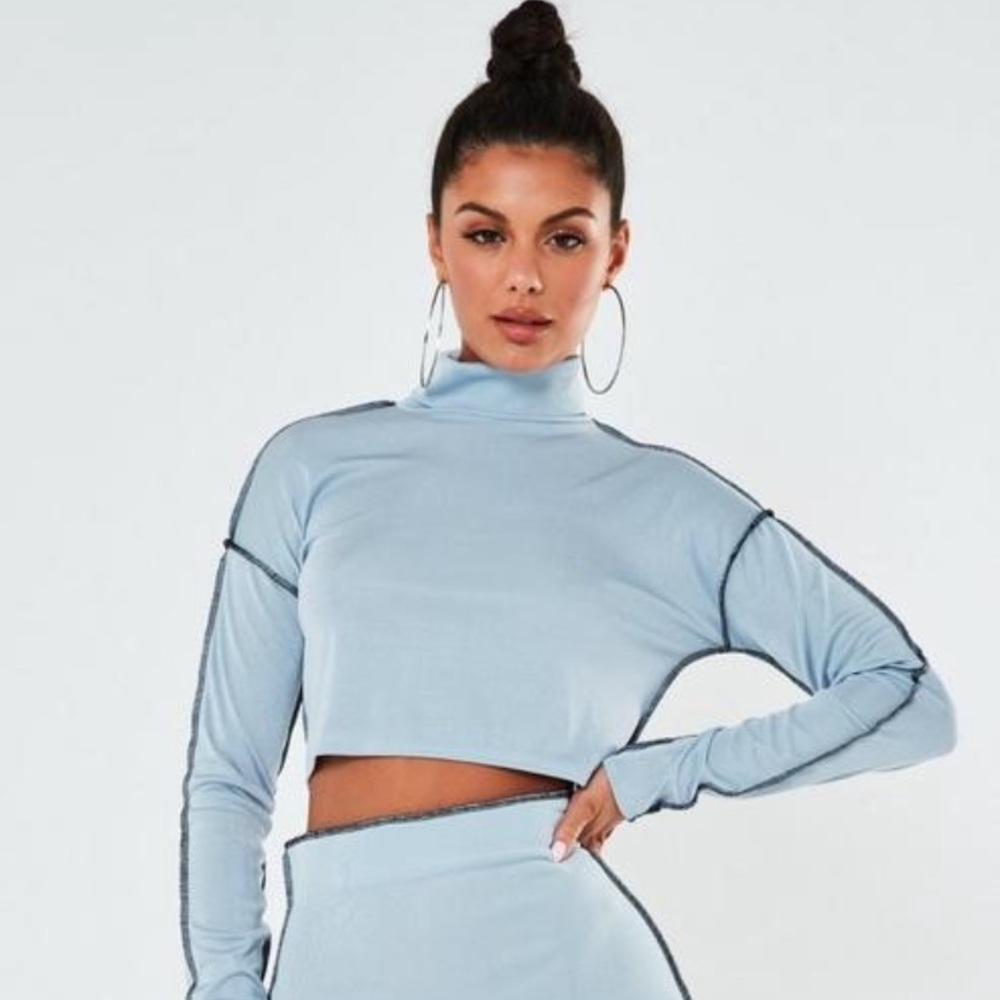 Missguided Blue contrast stitch cropped roll neck